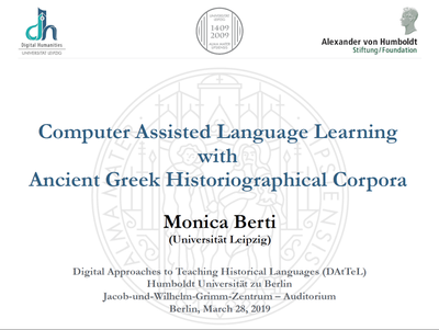 Cover of the presentation "CALL with Ancient Greek Historiographical Corpora" by Monica Berti