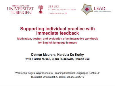 Cover of the presentation "Supporting individual practice with immediate feedback" by Detmar Meurers and Kordula De Kuthy 