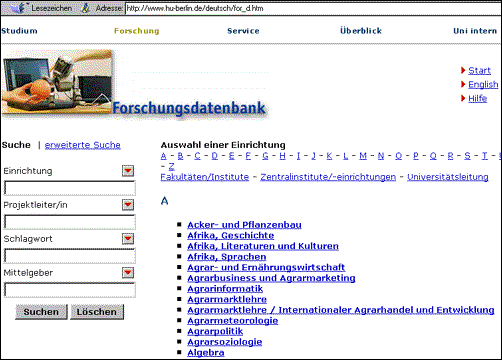 Screenshot Forschungsdatenbank Screenshot Forschungsdatenbank