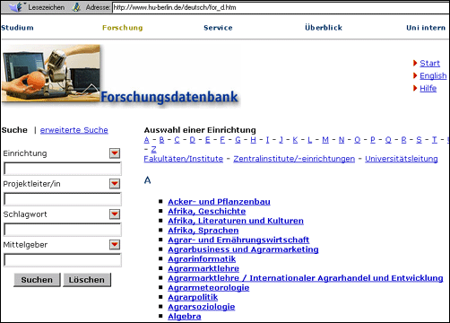 Screenshot Forschungsdatenbank