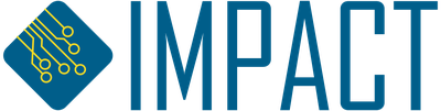 Logo des Verbundprojektes IMPACT mit dem Schriftzug IMPACT und einem blauen Rechteck mit Chip-Symbol und Vernetzung